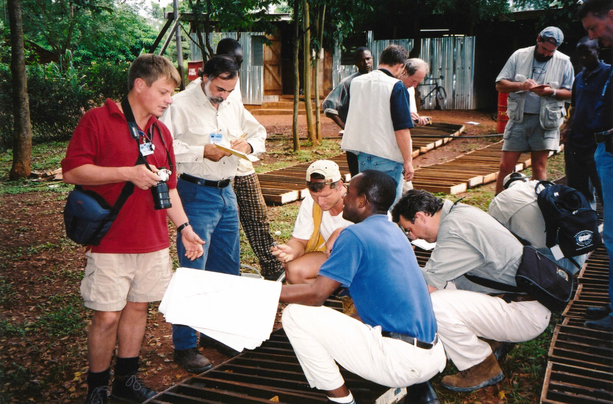 [Studying Yamfo-Sefwi Drill core at Normandy's Kenyase camp, Ghana.]
